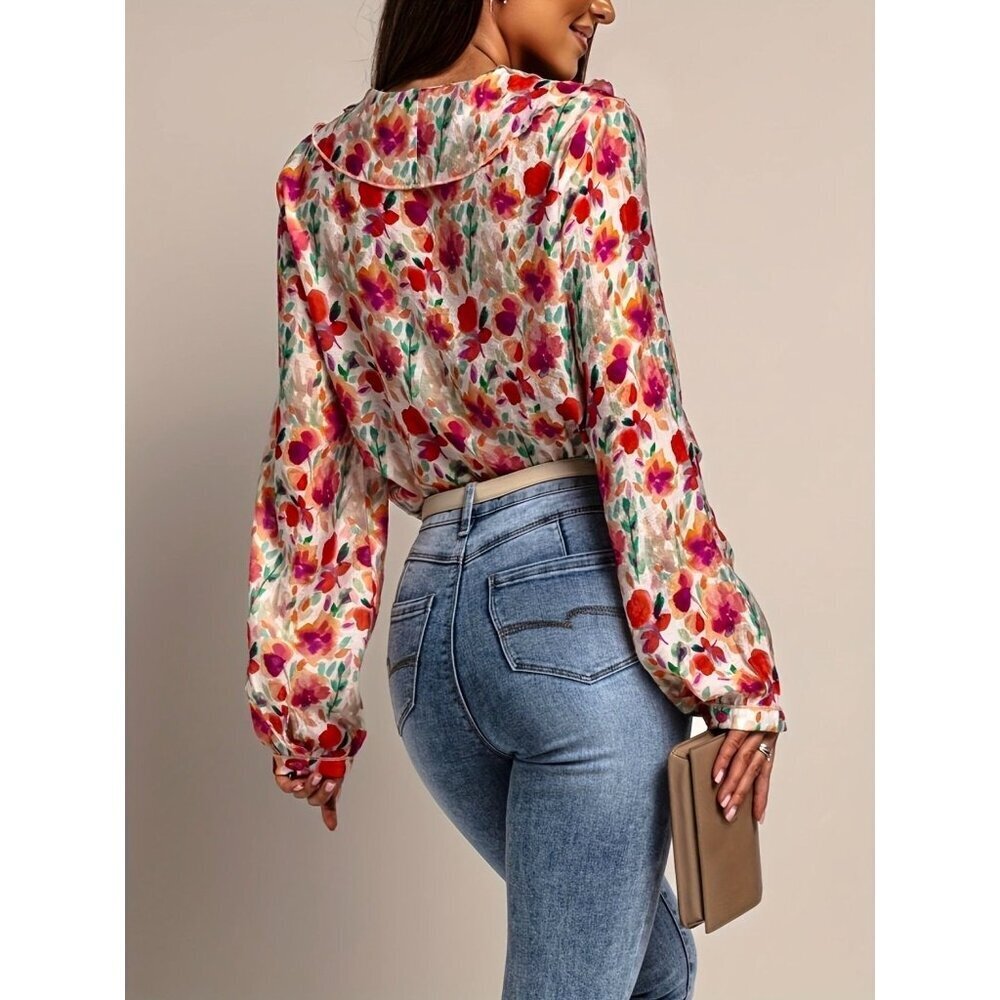 Floral Ruffle V-Neck Long Sleeve Blouse For Women S-XXL Available - Picture 3 of 5